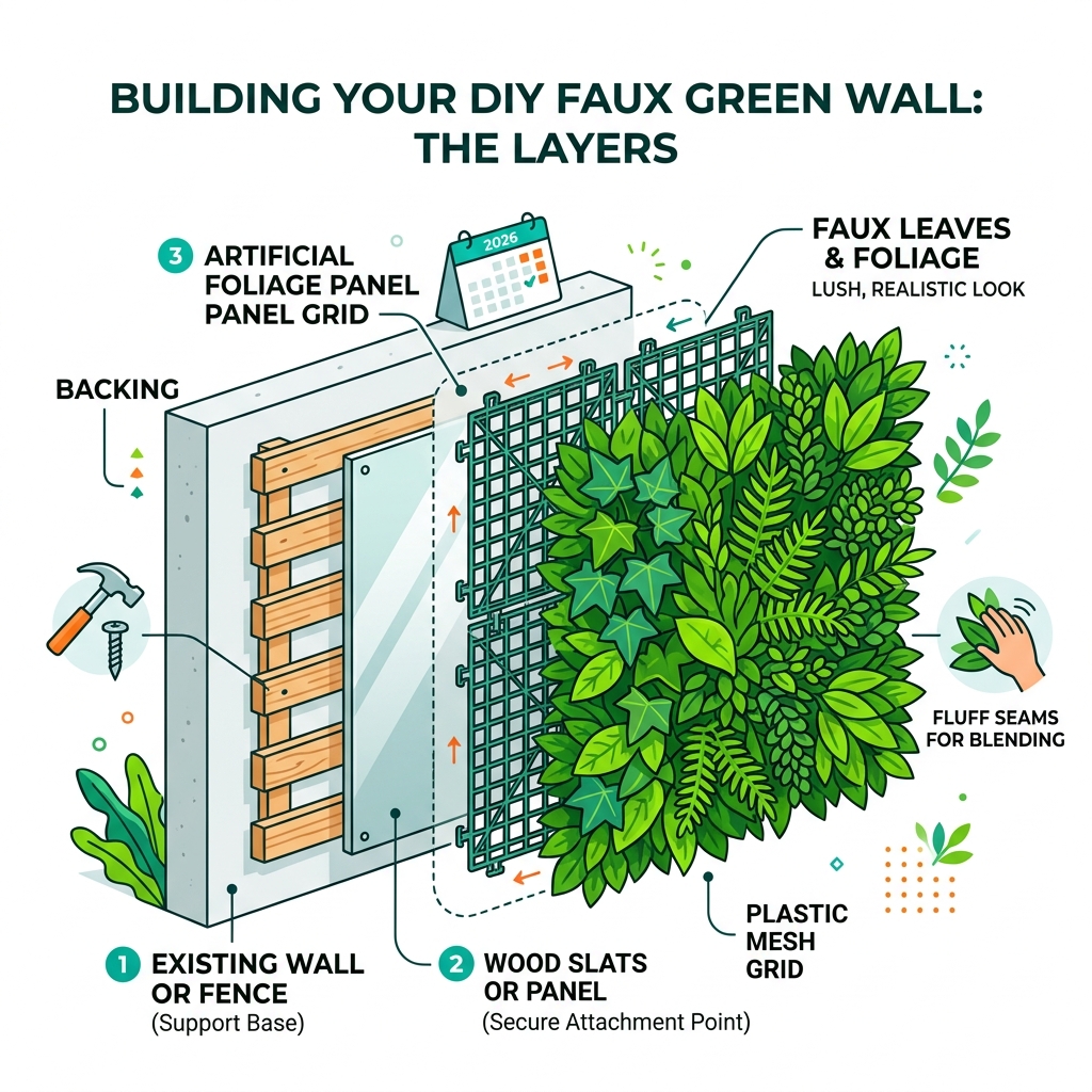 Infographic showing layers of a faux green wall from wall backing to foliage panels - diy faux green wall infographic 