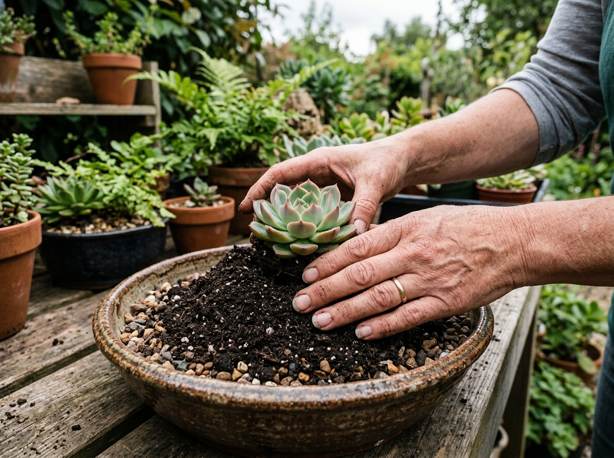 A gardener carefully placing a rosette-shaped succulent into a mounded soil base in a ceramic bowl - arrangement of A gardener carefully placing a rosette-shaped succulent into a mounded soil base in a ceramic bowl - arrangement of