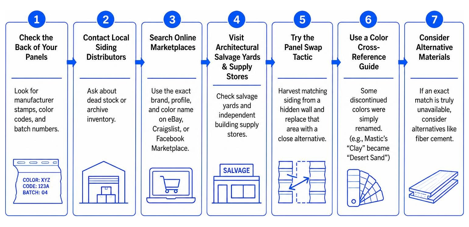 Step-by-step infographic for matching and sourcing discontinued vinyl siding Step-by-step infographic for matching and sourcing discontinued vinyl siding