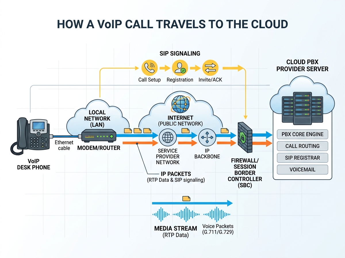 Diagram illustrating how a call travels from a VoIP device through the internet to a cloud-based PBX provider - hosted pbx Diagram illustrating how a call travels from a VoIP device through the internet to a cloud-based PBX provider - hosted pbx
