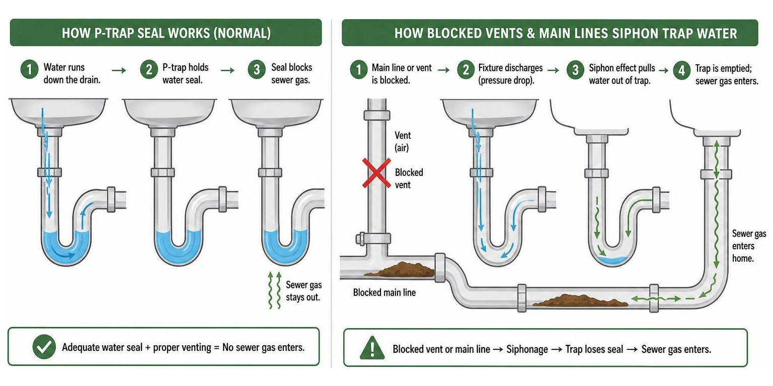 Diagram showing how P-trap seal works vs how blocked vents and main lines siphon trap water