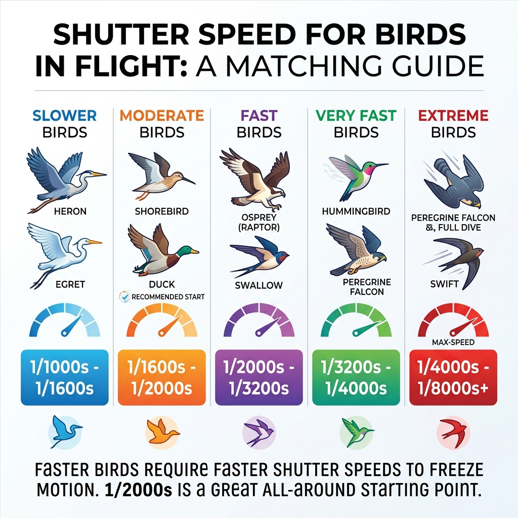 Infographic showing shutter speed ranges matched to different bird types and flight speeds - shutter speed for birds in
