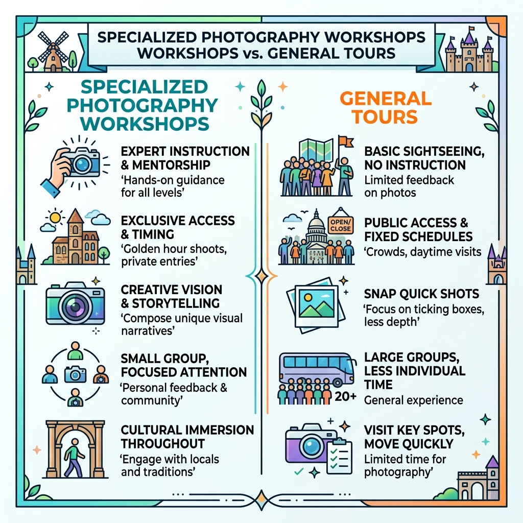 Benefits of specialized photography workshops vs general tours infographic - european cultural photography tours infographic 