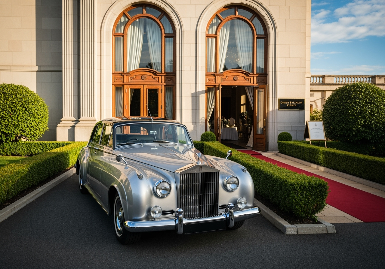 a classic 1959 Rolls Royce parked in front of an neat event venue - car for wedding on rent