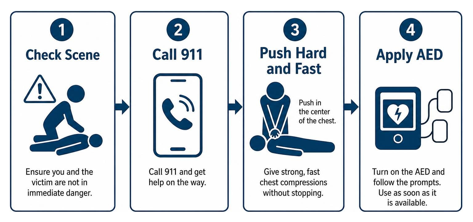 Bystander emergency response process: Check Scene, Call 911, Push Hard and Fast, Apply AED