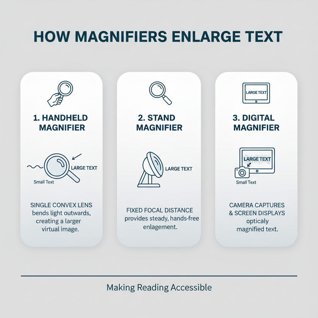 infographic explaining how different magnifiers work to enlarge text - Magnifiers for reading infographic 