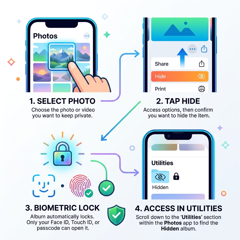 Hidden Album workflow: select photo, tap hide, biometric lock, access in Utilities - hidden photo album iphone infographic 