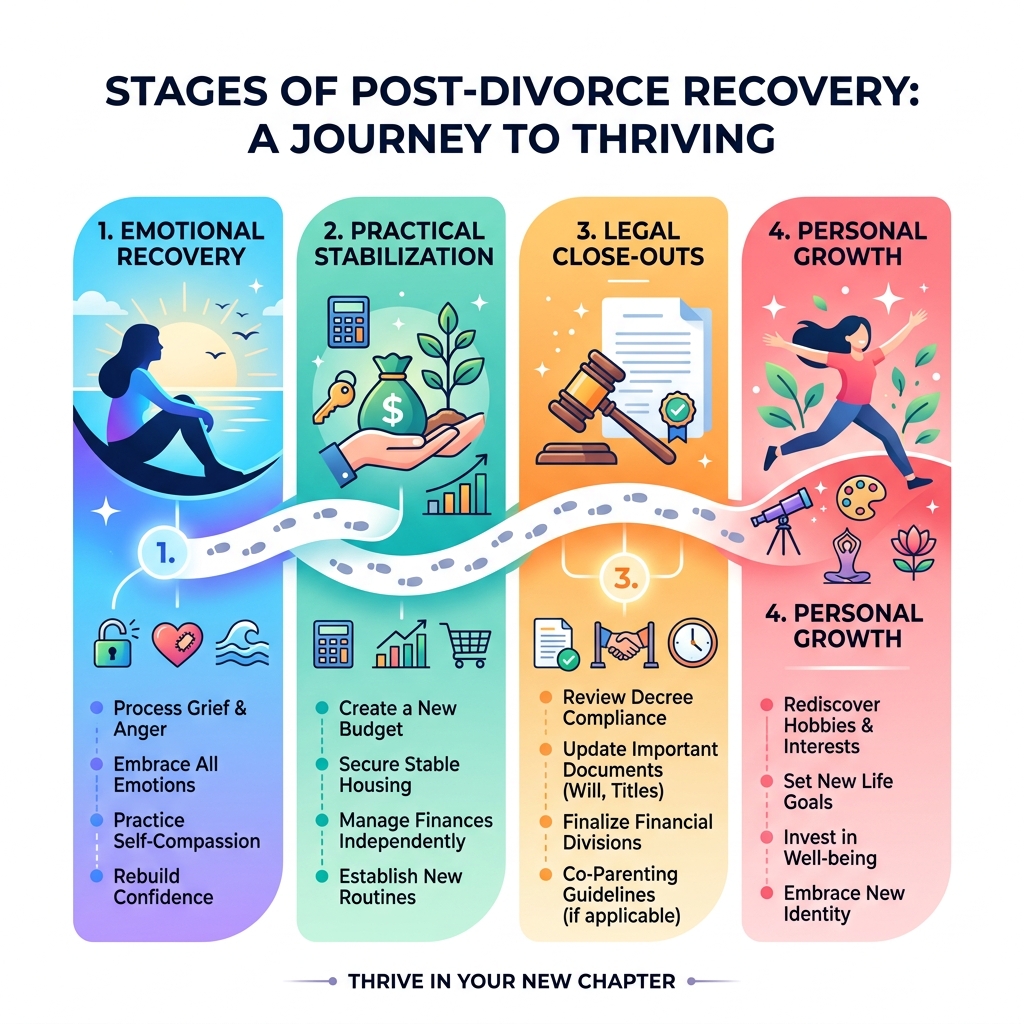 Stages of post-divorce recovery: emotional, practical, legal, and personal growth phases - navigating life after divorce