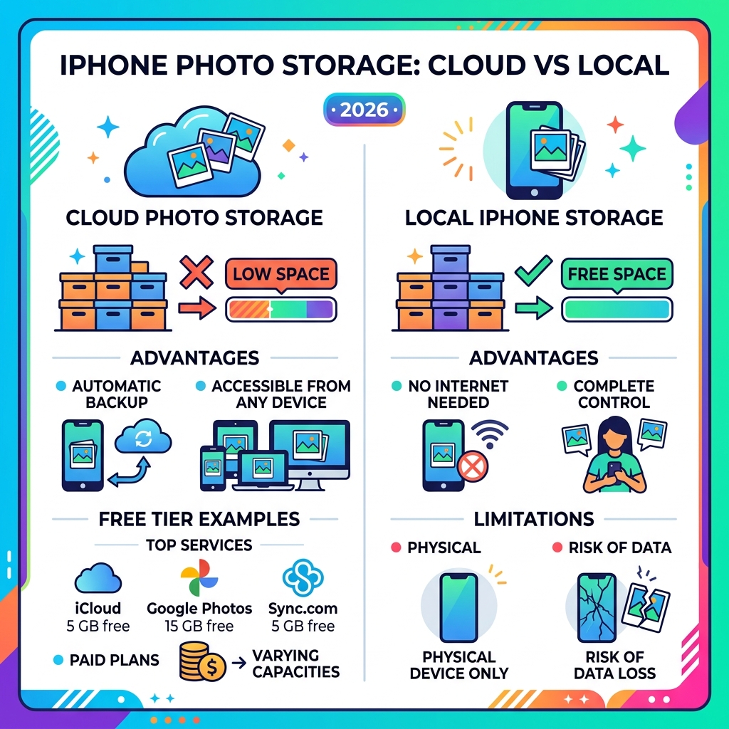 Comparison infographic: cloud vs local storage for iPhone photos, free tiers, and top services - cloud photo storage for