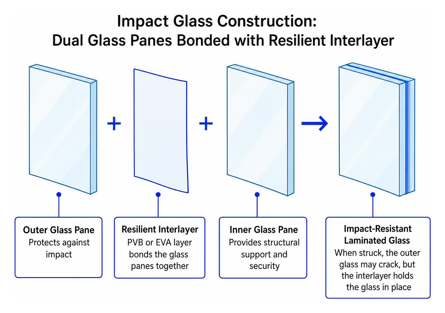 Impact glass construction: dual glass panes bonded with resilient interlayer Impact glass construction: dual glass panes bonded with resilient interlayer