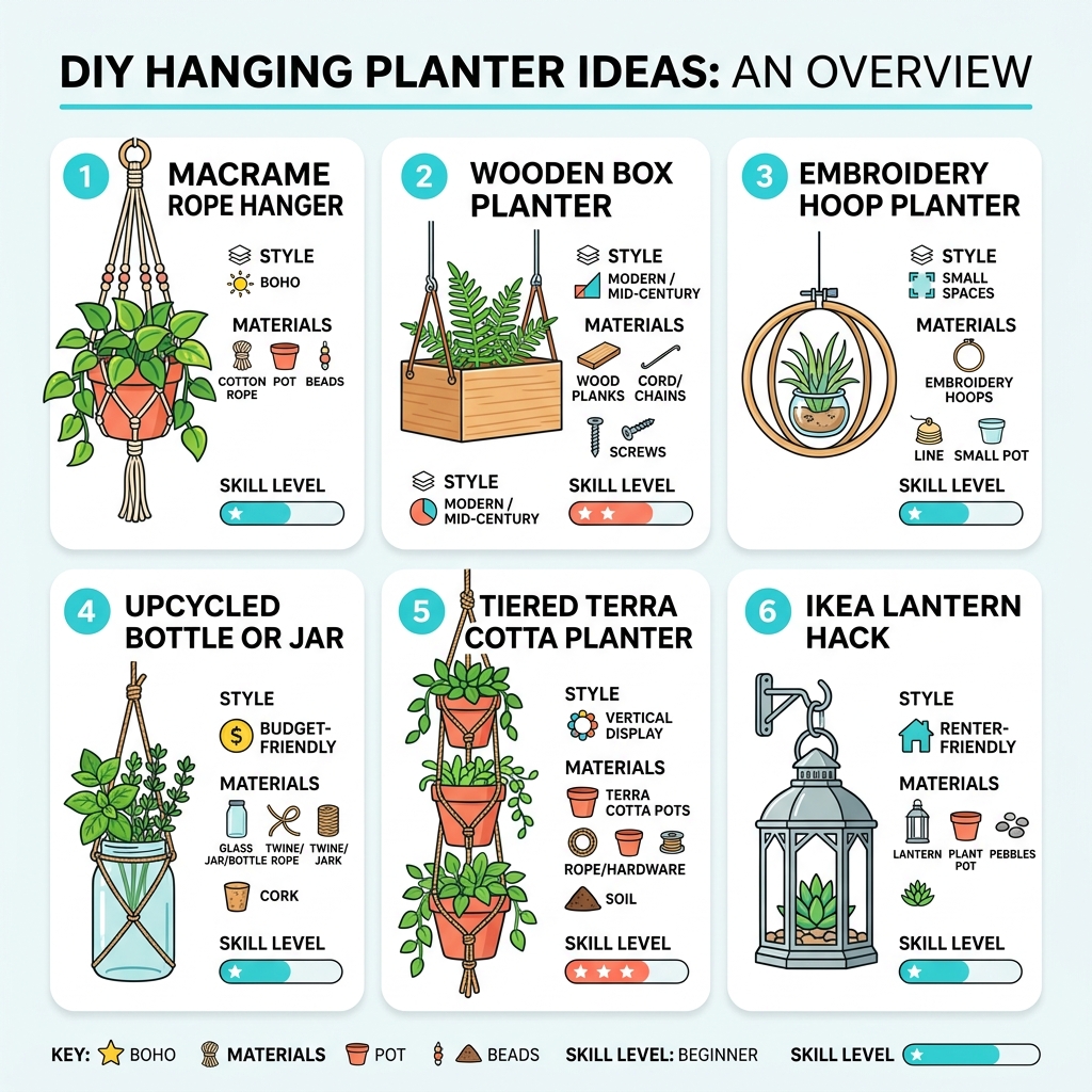 DIY hanging planter ideas overview infographic with styles, materials, and skill levels - diy hanging planter indoor DIY hanging planter ideas overview infographic with styles, materials, and skill levels - diy hanging planter indoor