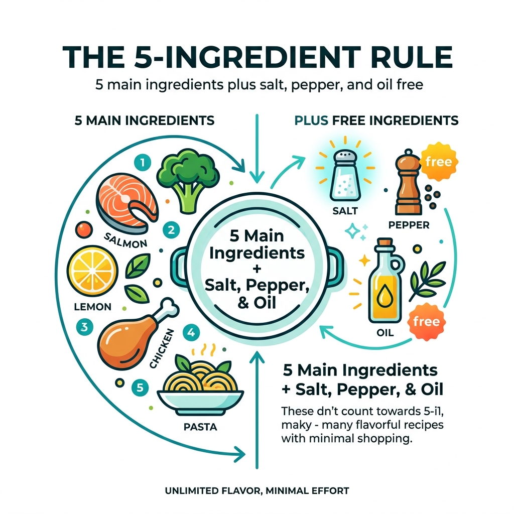 Infographic showing the 5-Ingredient Rule: 5 main ingredients plus salt, pepper, and oil free - best 5 ingredient recipes
