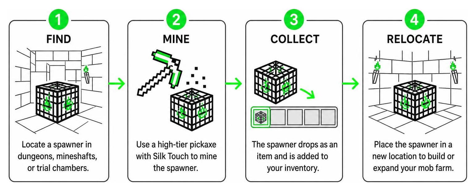 Process of finding, mining, and relocating spawners with Silk Touch Addon