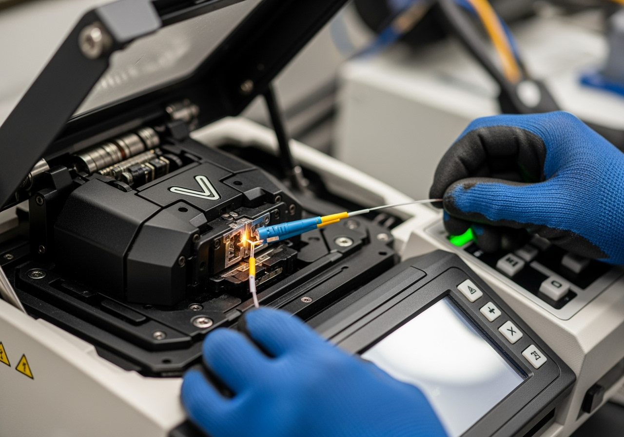 a fusion splicing machine in operation - fiber optic network installation