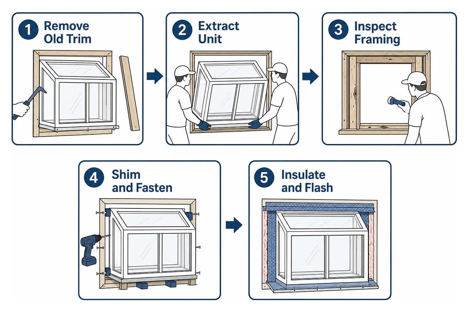 Window replacement steps: remove old trim, extract unit, inspect framing, shim and fasten, insulate and flash