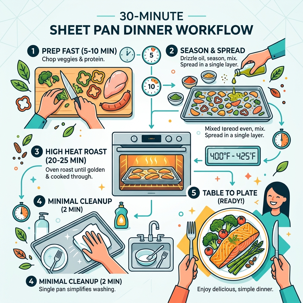 30-minute sheet pan dinner workflow from prep to table infographic - 30 minute sheet pan dinners infographic 