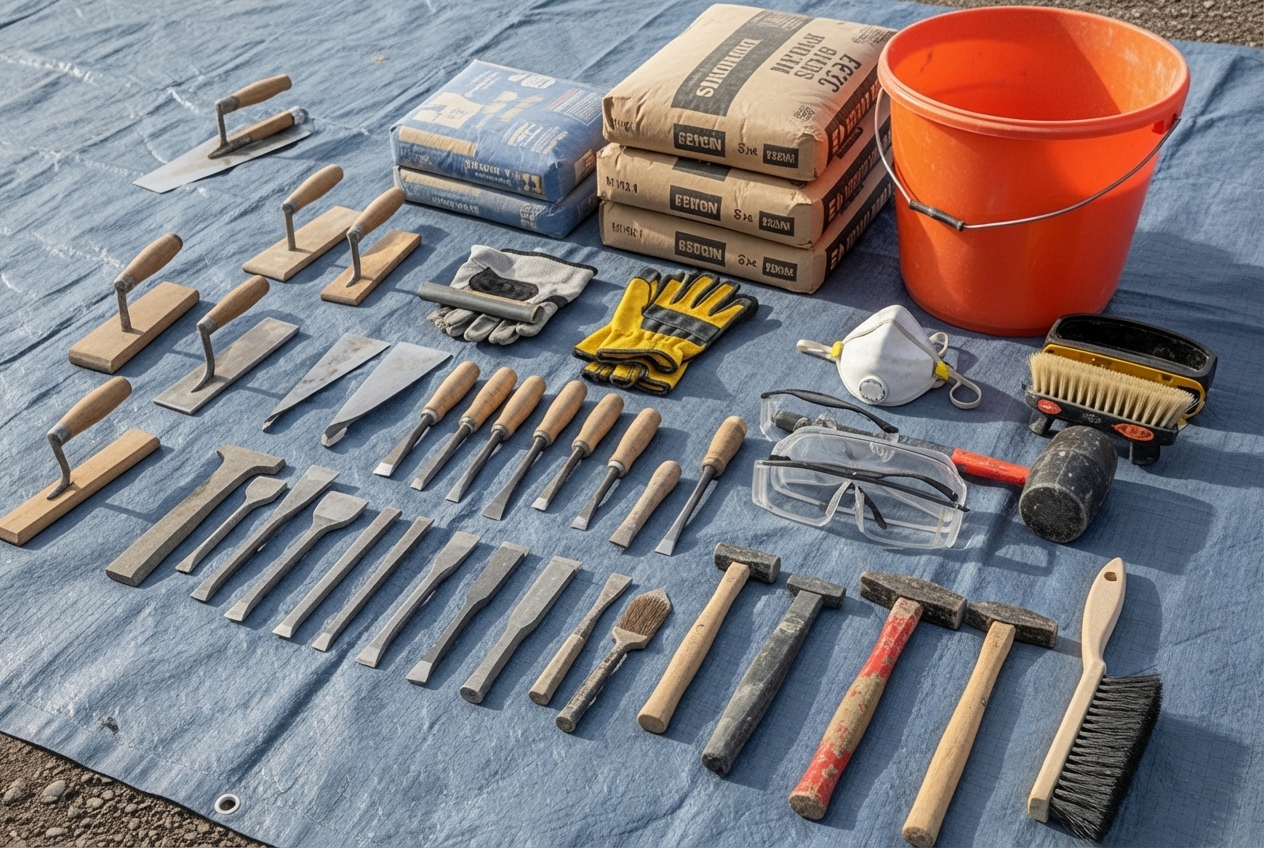Tools and materials for stone step repair laid out on a tarp - repair loose stone steps Tools and materials for stone step repair laid out on a tarp - repair loose stone steps