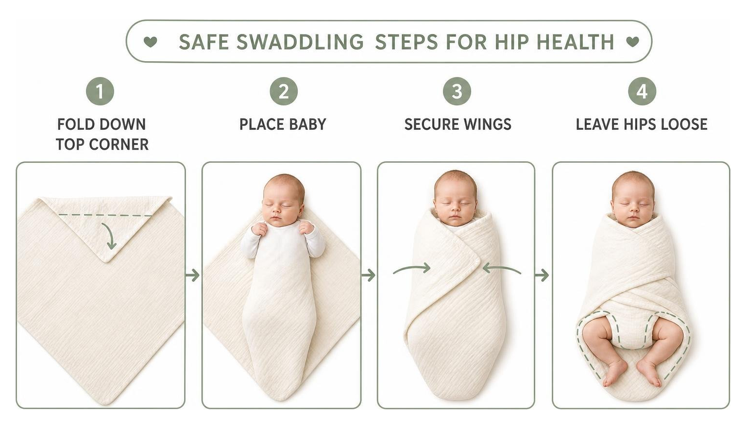 safe swaddling steps for hip health: fold down top corner, place baby, secure wings, leave hips loose
