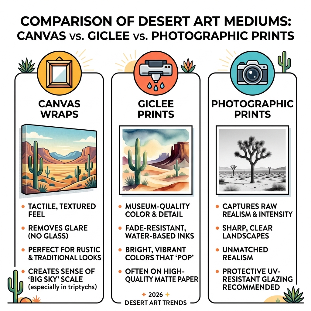 Comparison of desert art mediums: Canvas vs. Giclee vs. Photographic prints - desert inspired wall art infographic Comparison of desert art mediums: Canvas vs. Giclee vs. Photographic prints - desert inspired wall art infographic