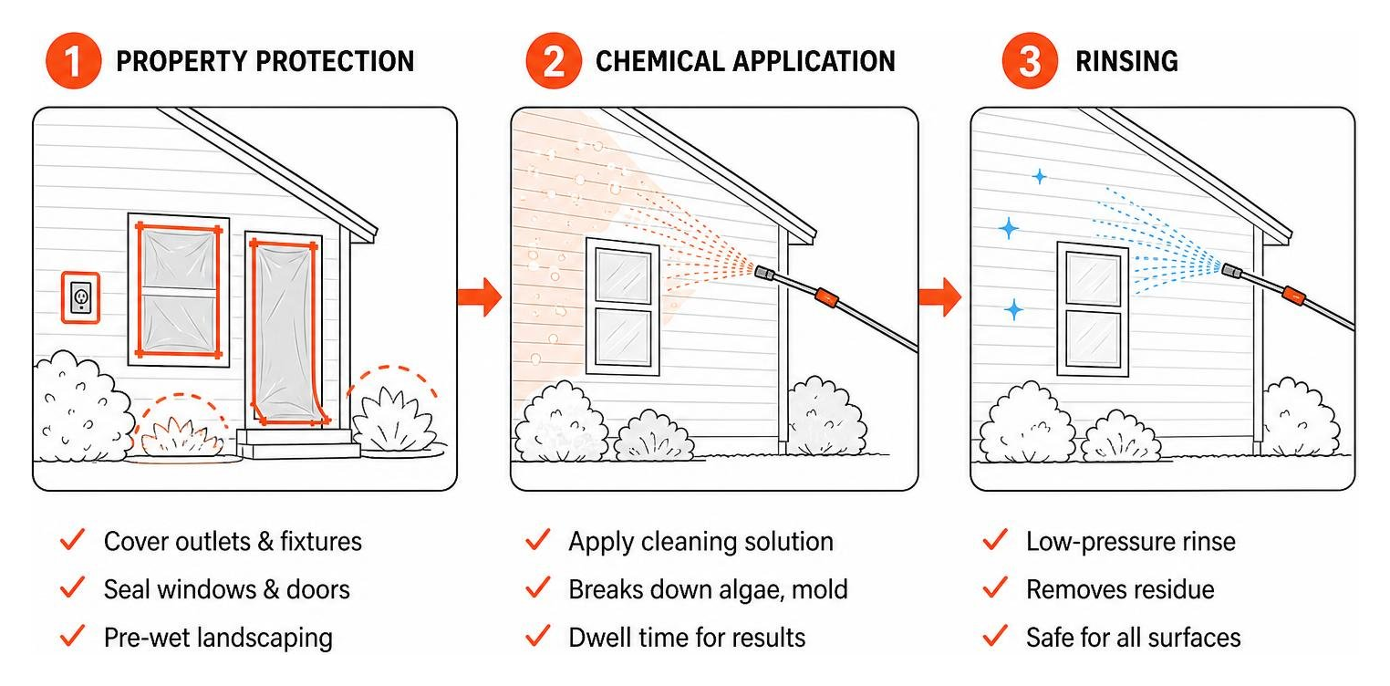diagram of the soft wash cleaning process showing property protection, chemical application, and rinsing