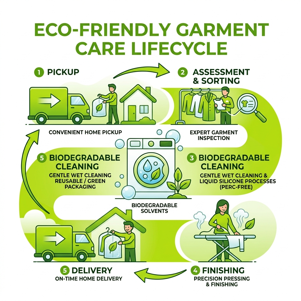 Infographic showing the lifecycle of eco-friendly garment care from pickup to biodegradable cleaning to delivery