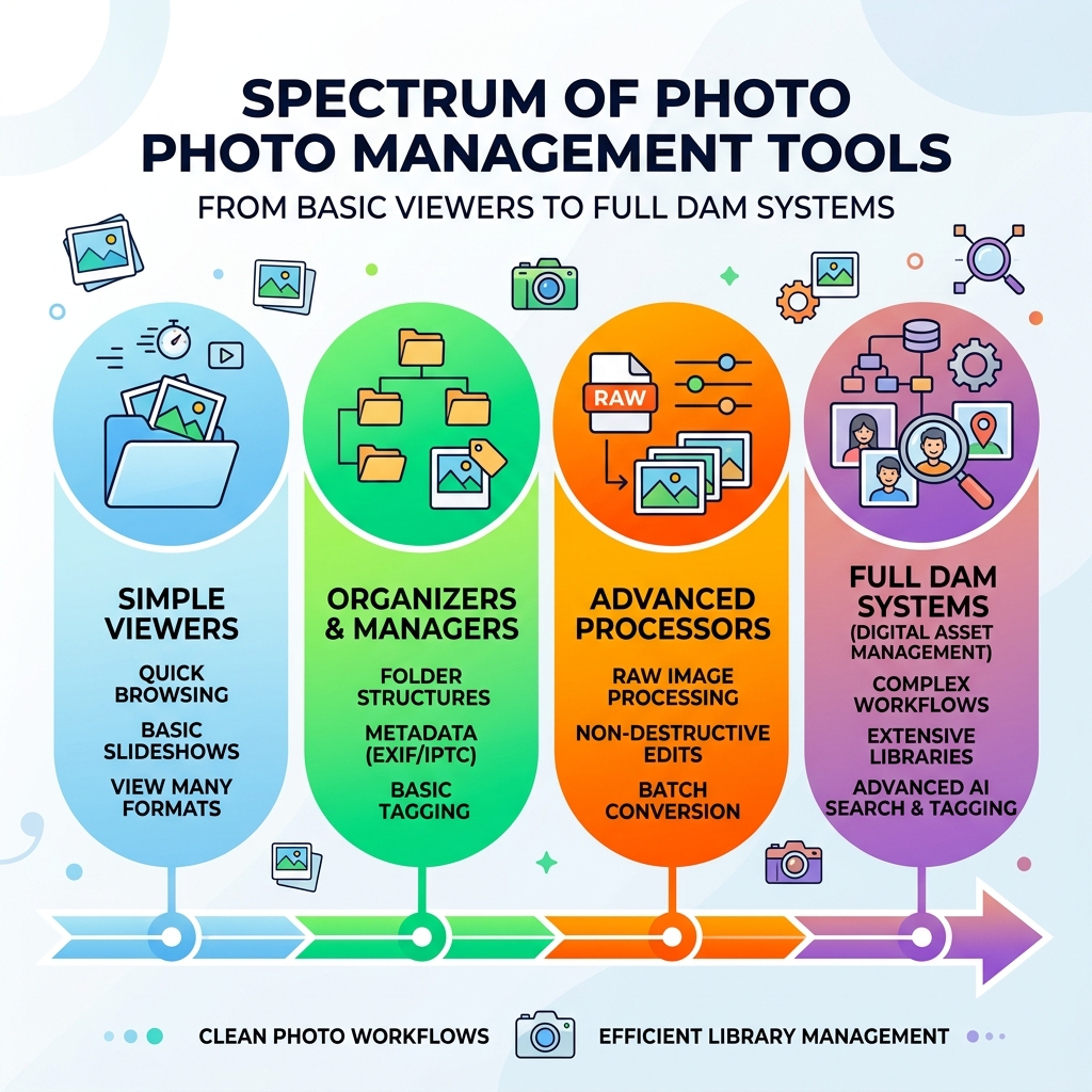 Spectrum of photo management tools from basic viewers to full DAM systems - free photo management software infographic 