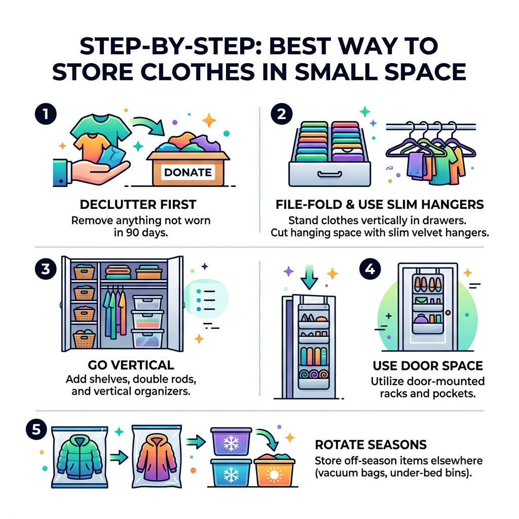 Step-by-step infographic: best way to store clothes in small space — declutter, fold vertically, go vertical, use doors