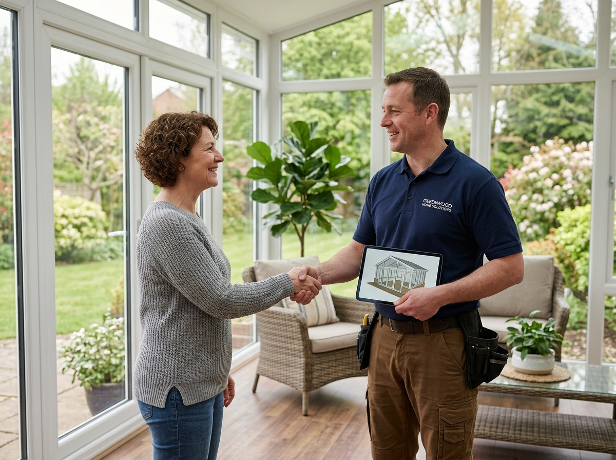 Professional contractor reviewing detailed sunroom blueprints with a homeowner - 4 season sunroom contractors near me
