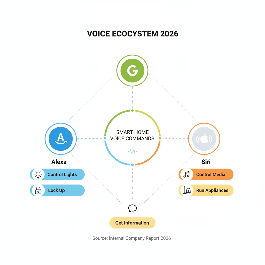 smart home voice command ecosystem infographic showing Alexa Google Siri devices and command types - smart home voice smart home voice command ecosystem infographic showing Alexa Google Siri devices and command types - smart home voice