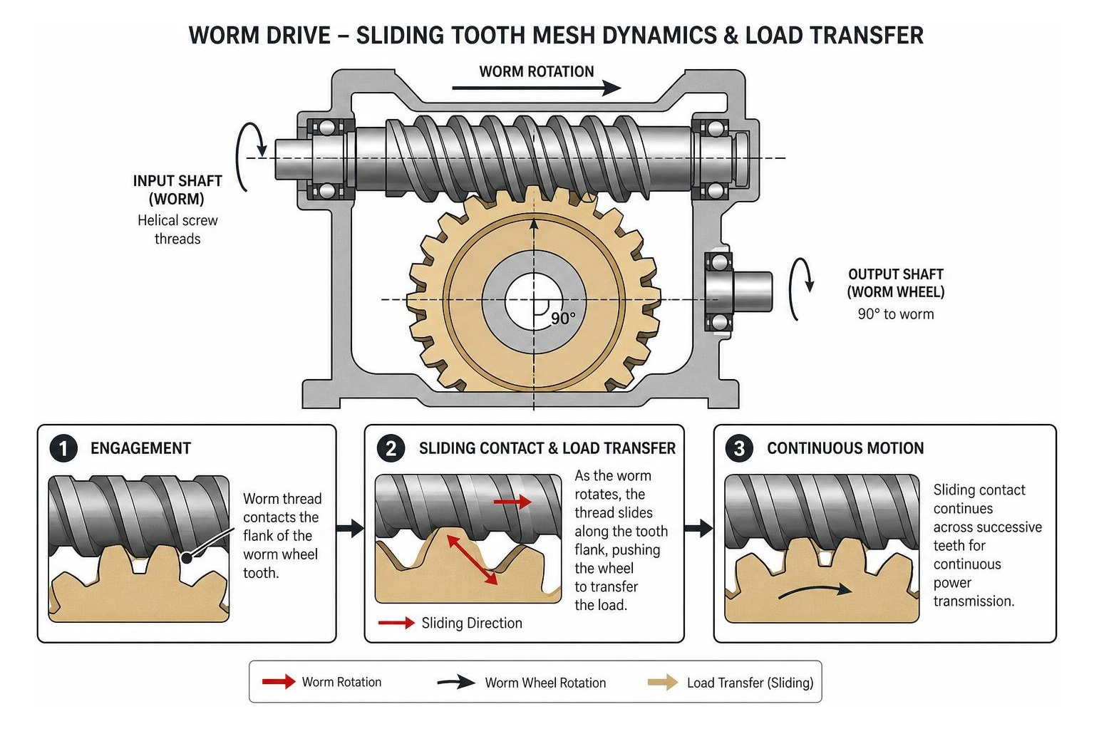 Cutaway diagram showing sliding tooth mesh dynamics and load transfer in a worm drive Cutaway diagram showing sliding tooth mesh dynamics and load transfer in a worm drive