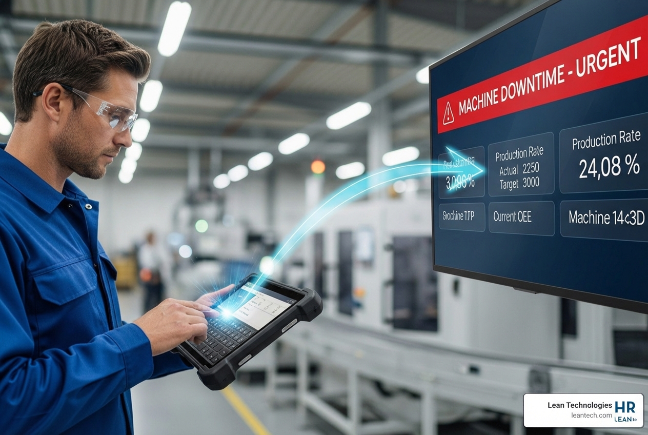 Process flow: operator-entered downtime to real-time status - Manufacturing data visualization Process flow: operator-entered downtime to real-time status - Manufacturing data visualization