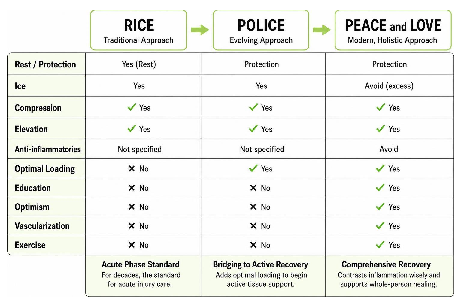 Table comparing RICE, POLICE, and PEACE and LOVE protocols