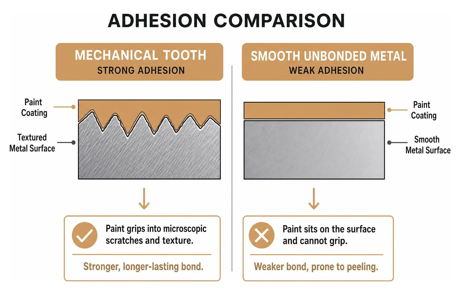 Adhesion comparison showing mechanical tooth versus smooth unbonded metal Adhesion comparison showing mechanical tooth versus smooth unbonded metal