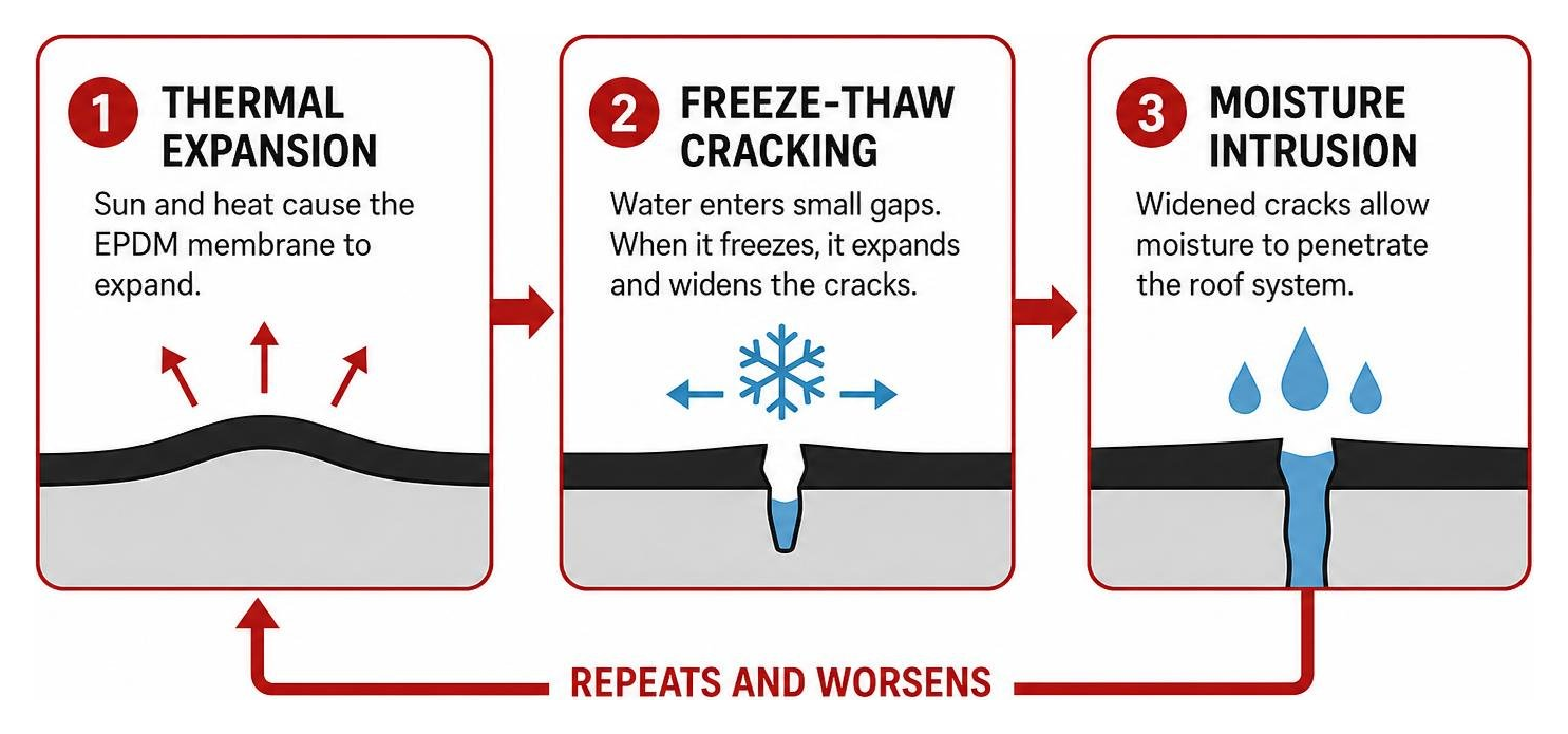 Step-by-step cycle of thermal expansion, freeze-thaw cracking, and moisture intrusion Step-by-step cycle of thermal expansion, freeze-thaw cracking, and moisture intrusion