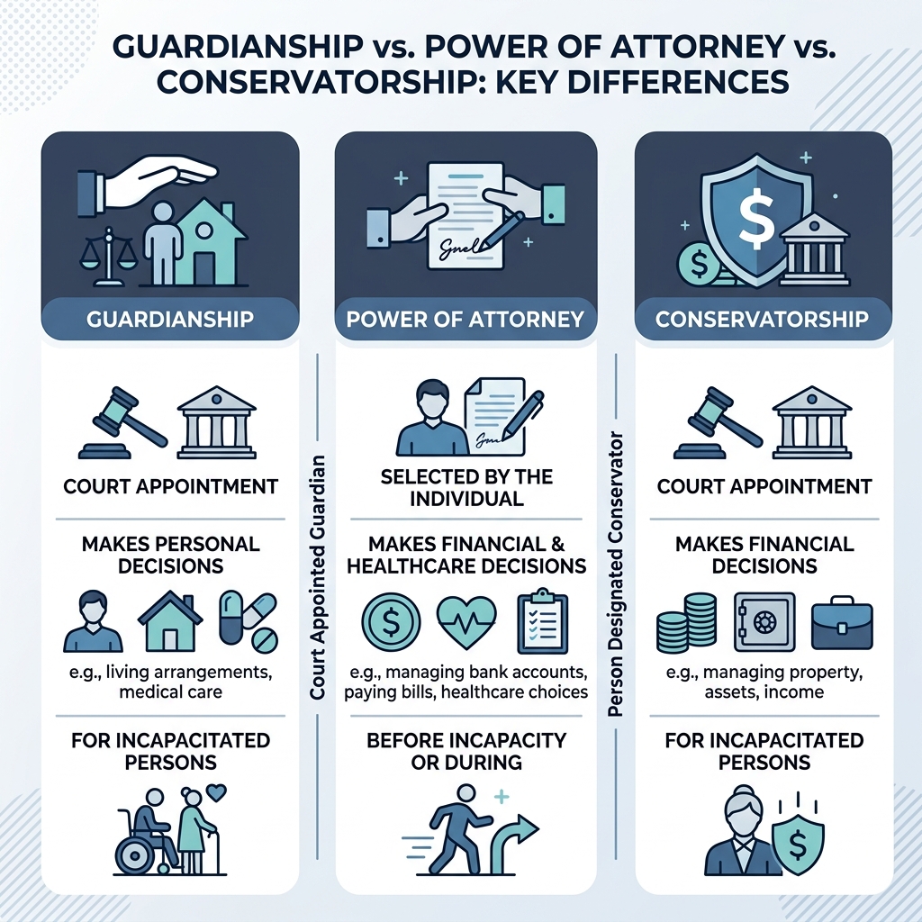 Infographic comparing guardianship vs power of attorney vs conservatorship key differences - guardianship law firm