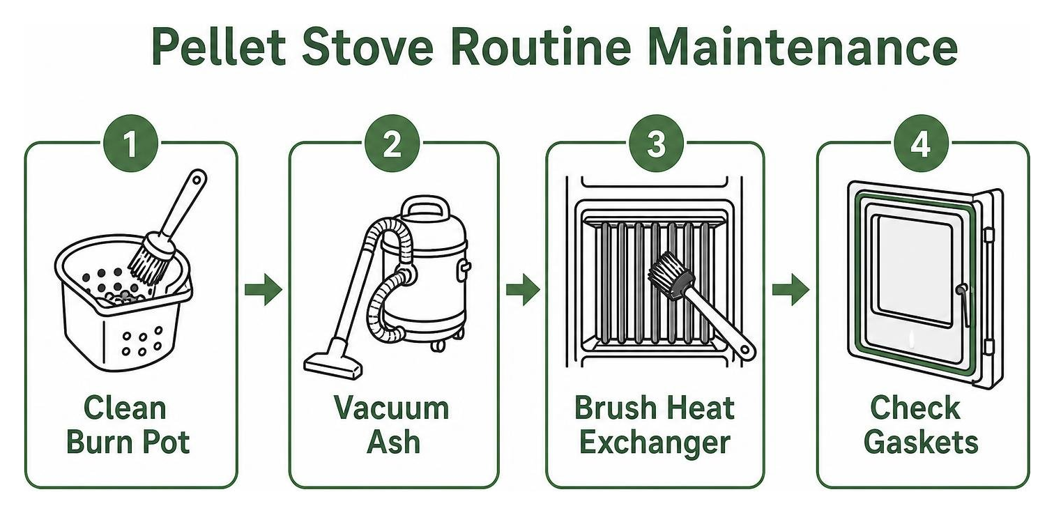 Pellet stove routine maintenance: clean burn pot, vacuum ash, brush heat exchanger, check gaskets