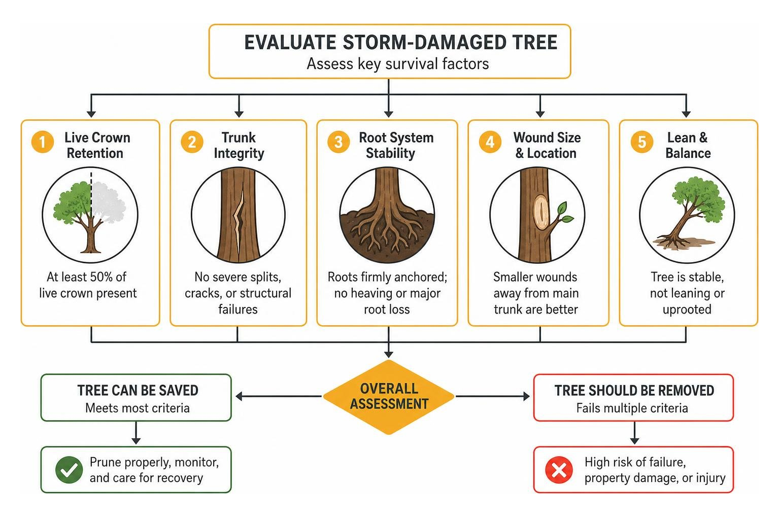 Evaluating storm damaged tree health and survival factors