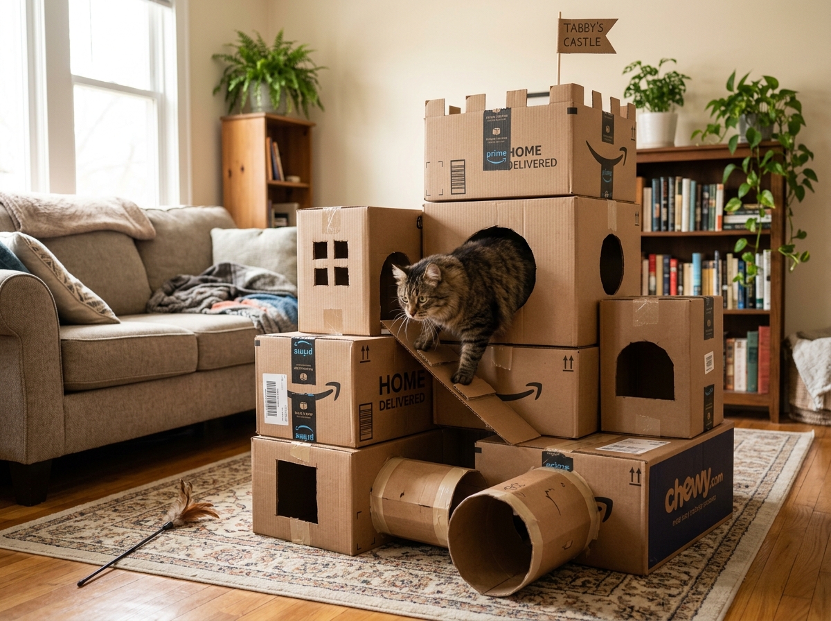 A cat exploring a multi-level cardboard castle made from delivery boxes - how to make homemade toys for cats