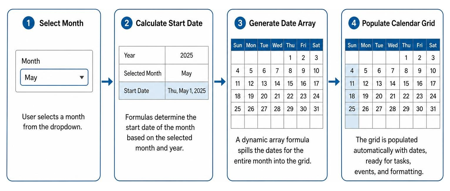 Step-by-step logic flow: Month selection calculates start date and populates dynamic grid array
