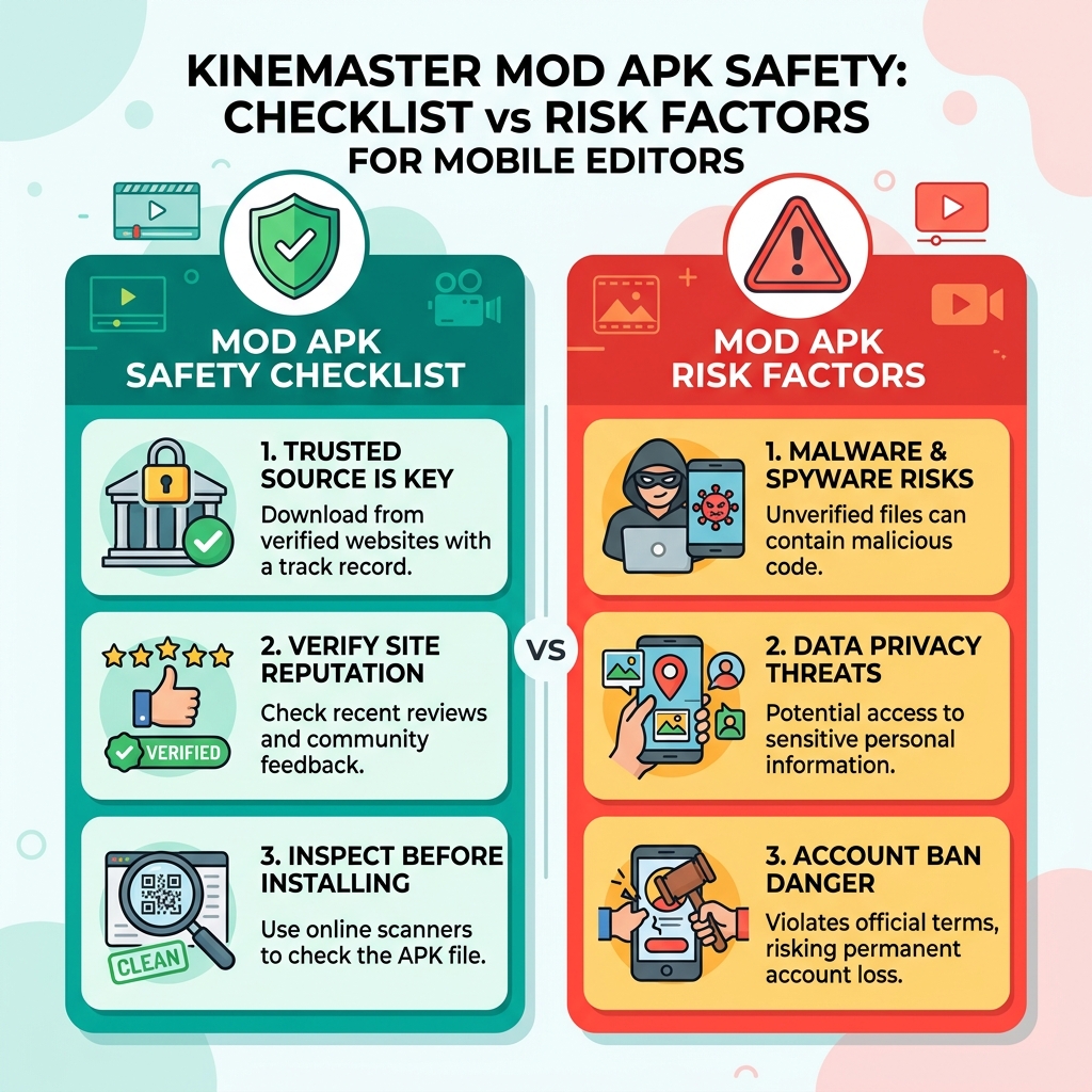 Infographic showing KineMaster mod APK safety checklist versus risk factors for mobile editors - KineMaster mod apk safe Infographic showing KineMaster mod APK safety checklist versus risk factors for mobile editors - KineMaster mod apk safe