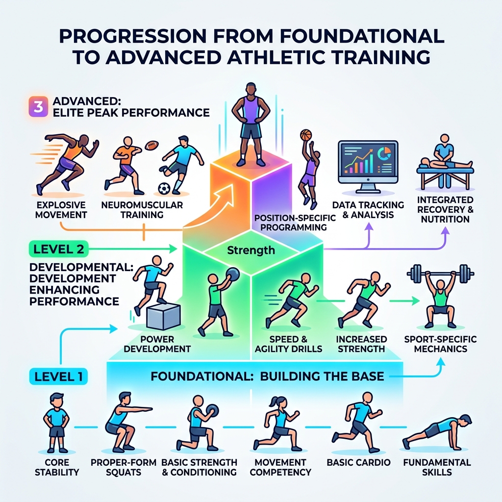 Progression from foundational to advanced athletic training tiers infographic - Advanced athletic training infographic Progression from foundational to advanced athletic training tiers infographic - Advanced athletic training infographic