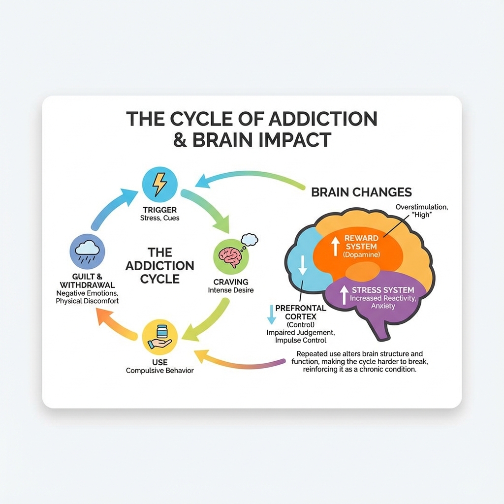 infographic explaining the cycle of addiction and how it affects the brain - addiction treatment options infographic 