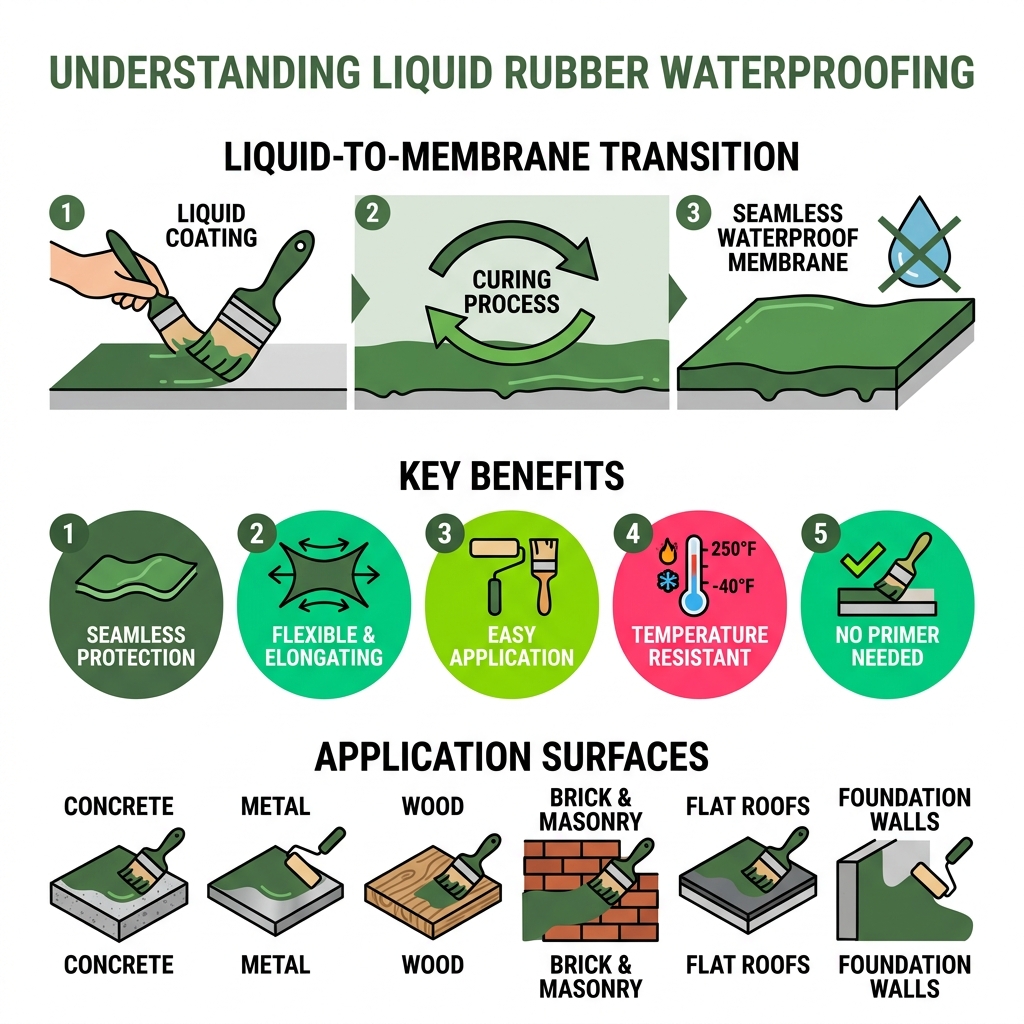 Infographic showing liquid-to-membrane transition, key benefits, and application surfaces for liquid rubber waterproofing