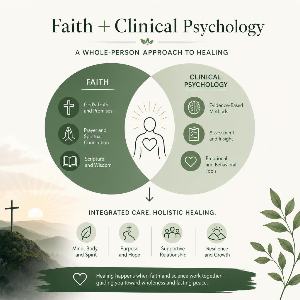 Infographic explaining the integration of faith and clinical psychology infographic