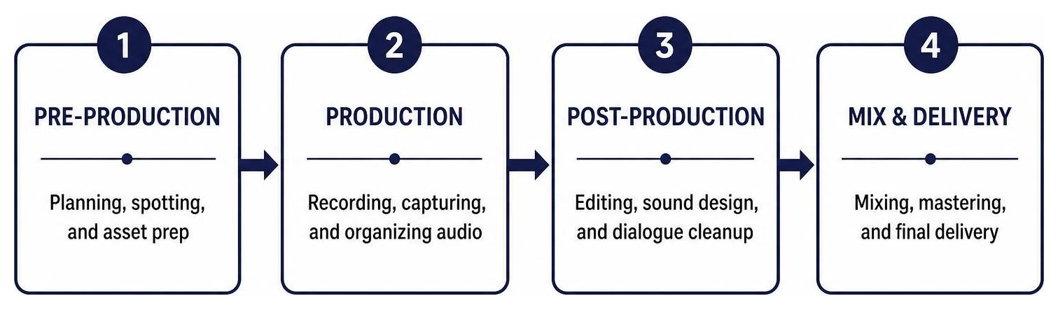 diagram of the 4-phase audio post-production pipeline