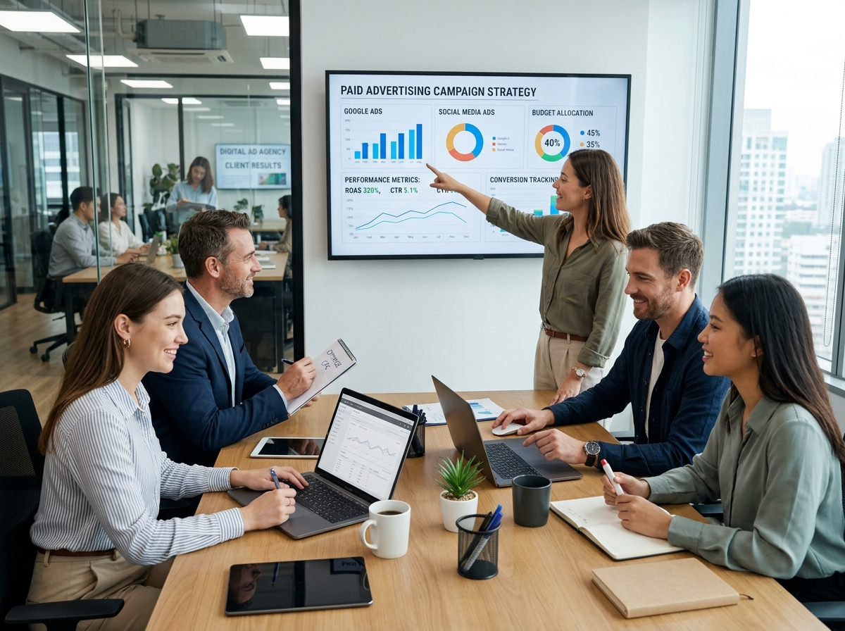 Google search results for a dentist in South Florida - Paid advertising agency Group meeting discussing paid advertising strategies for local businesses, analyzing Google Ads and social media metrics on a presentation screen, with laptops and notepads on the table.