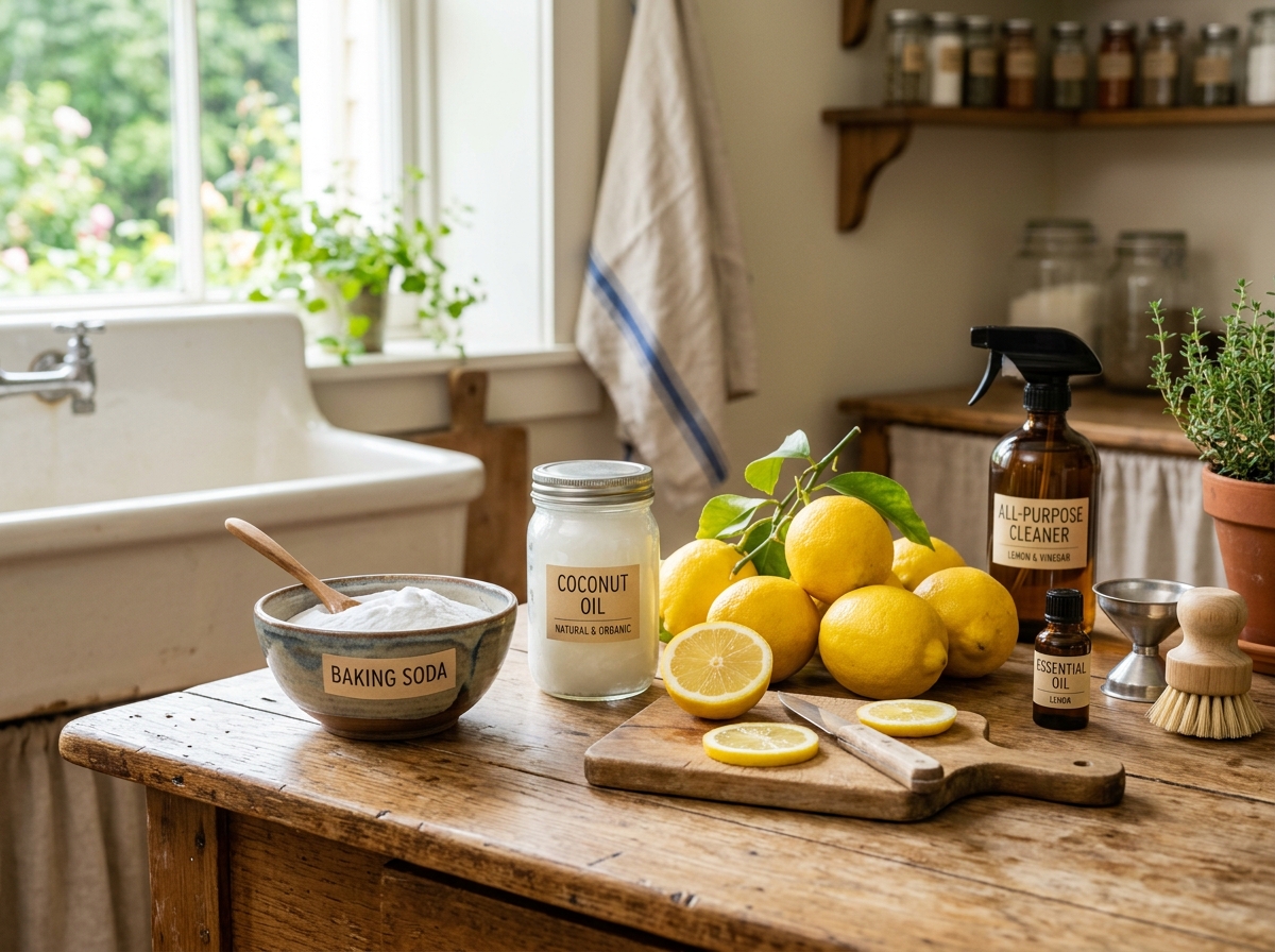 Natural cleaning ingredients like lemons, baking soda, and coconut oil on a wooden table - plant based cleaning agents