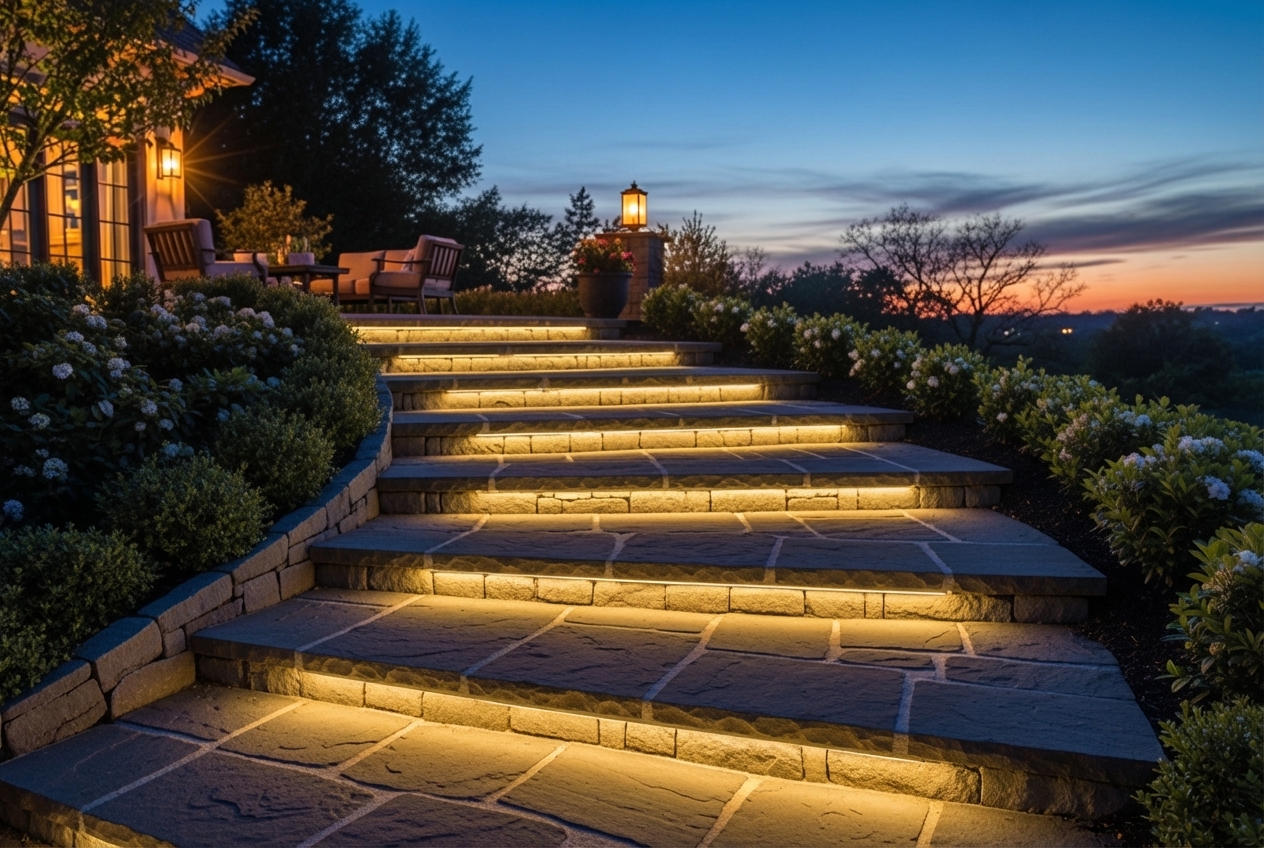 Stone steps at dusk with under-cap lighting for safety and ambiance - Stone steps design ideas