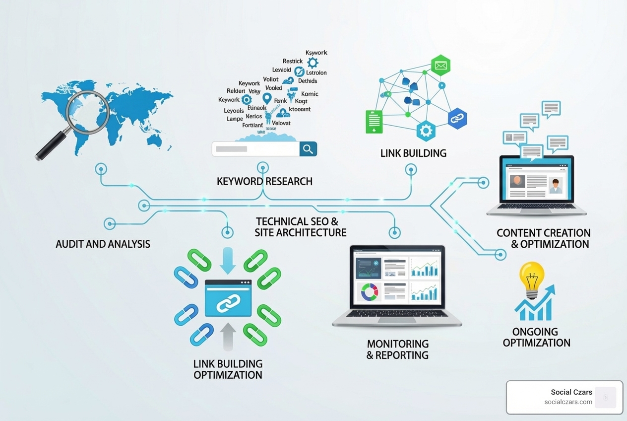 flowchart showing the SEO process from audit to reporting - London SEO consultant