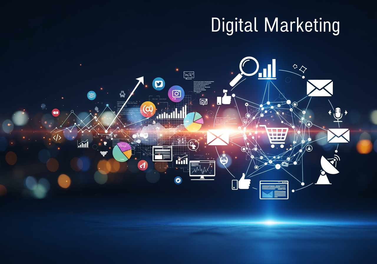 Marketing analytics dashboard showing various KPIs like traffic, conversion rate, and engagement - Digital Marketing